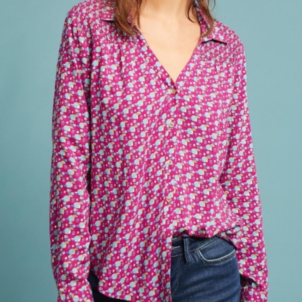 Anthropologie Maeve Geometric Smocked Button Down